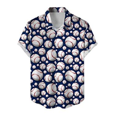 Imagem de Camiseta masculina ativa de manga curta com estampas de beisebol 3D camisas masculinas de lapela de manga curta camisas estampadas para adultos, Azul, XXG
