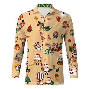 Imagem de Camisa de manga comprida masculina casual manga longa outono inverno Natal camisas impressas em 3D moda top masculino camisetas lisas, Cáqui, XXG