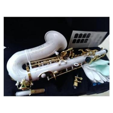 Imagem de Saxofone Soprano Curvo Branco Bb Chave De Ouro Sax Instrumento De Sopro Alto Com Caso Saxofone Soprano Reed Cinta Escova saxofone de estudante