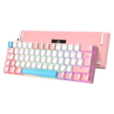 Imagem de ZIYOU LANG Teclado mecânico para jogos T60 com fio 60% TKL com luz de fundo LED arco-íris ultracompacto NKRO interruptor azul clicky tricolor ABS para Windows, laptop, PC, Mac gamer (rosa)