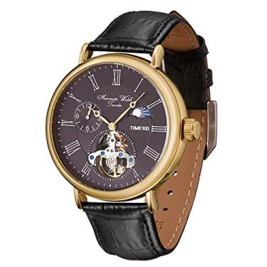 Imagem de TIME100 Relógios masculinos de couro, automáticos, mecânicos, esqueleto, turbilhão, luxuosos, com corda automática, relógio de pulso, fase da lua, à prova d'água, preto luminoso, Relógio mecânico e