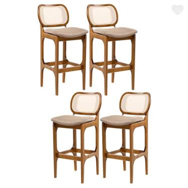 Imagem de Rio Madeira, Kit 4 Banquetas Alta para Bancada Decor Encosto Rattan Madeira Imbuia Linho Marrom L87 RMI