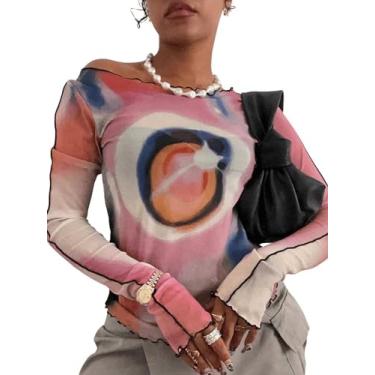 Imagem de SOLY HUX Camiseta feminina tie dye ombro de fora manga longa acabamento alface cropped camiseta, Tie Dye rosa, G