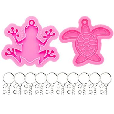Imagem de Kit de moldes de resina epóxi com 32 peças – 2 moldes de silicone estilo animal para resina, moldes de fundição de resina epóxi, moldes de chaveiro em forma de sapo e tartaruga, chaveiros, anel de