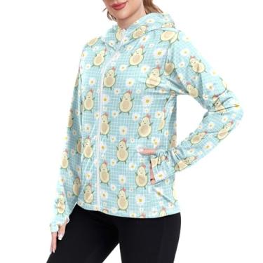 Imagem de JUNZAN Camisas de sol femininas fofas margaridas abacate FPS 50+ proteção UV camisas de pesca para mulheres com capuz esportivo, Lindo abacate margarida azul claro, G