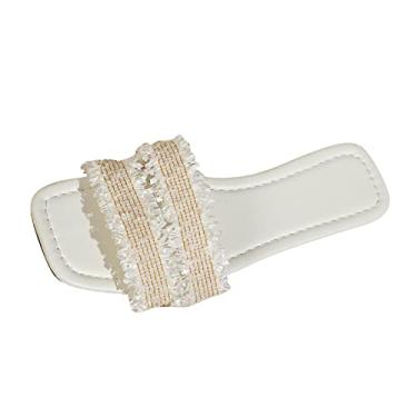 Imagem de CsgrFagr Sandália feminina fashion verão com bloqueio de cor de tecido bico quadrado bico aberto sandálias de praia femininas Mukluk tamanho 9, Branco, 37