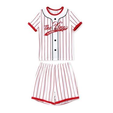 Imagem de PATPAT Conjunto de roupas esportivas de verão para meninos, conjunto de camiseta e shorts com estampa listrada de 2 peças, Listras vermelhas, 7-8 Anos