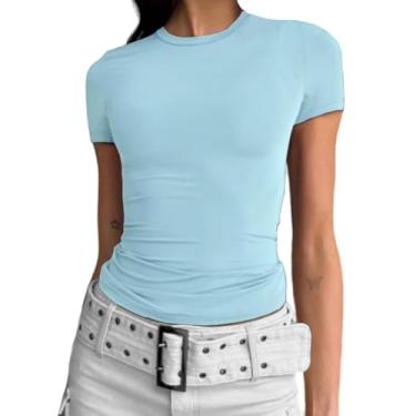 Imagem de AYWA Camiseta feminina casual gola redonda manga curta básica para sair camiseta slim fit Y2K, Azul bebê, P
