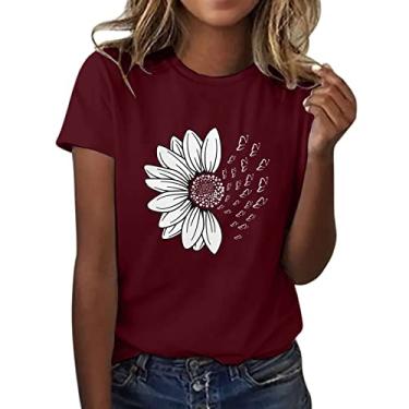 Imagem de Duobla Camiseta feminina de verão com estampa de flores fofas, soltas, gola redonda, manga curta, casual, blusa 2024 fashion, A-1-vinho, G