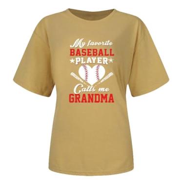Imagem de Camiseta feminina de verão, beisebol, coração, estampada, gola redonda, manga curta, camiseta de beisebol de ajuste solto, Amarelo - C, 3G