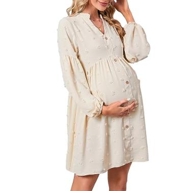 Imagem de KOJOOIN Vestido de maternidade com bolinhas suíças gola V manga comprida abotoado minivestido chá de bebê sessão de fotos com bolsos, Manga comprida - bege, GG