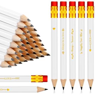 Imagem de Crtiin 50 lápis de chá de panela, meio golfe, lápis de casamento com borracha, bolso curto de 10 cm, pré-afiado, para jogos de casamento, chá de panela, presentes em sala de aula, escola (branco)