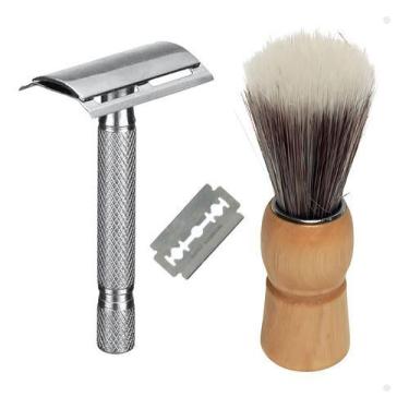 Imagem de Kit Aparelho Barbear De Metal Com Lâmina Pincel Cabo Madeira - SQ Comé