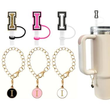 Imagem de (3 +3) 3 peças Stanley Tumbler Cup Straw Cover 10 mm reutilizável tampa de palha topper com 3 pingentes de letra inicial acessórios nome ID alça personalizada charme para copo Stanley copo de 30 e 4
