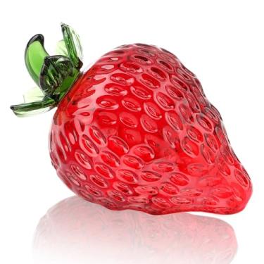 Imagem de Cverny Ornamento de morango de vidro soprado, decoração de frutas artesanal, estatuetas de arte colecionáveis de cristal transparente, decorações de frutas artificiais com peso de papel de morango