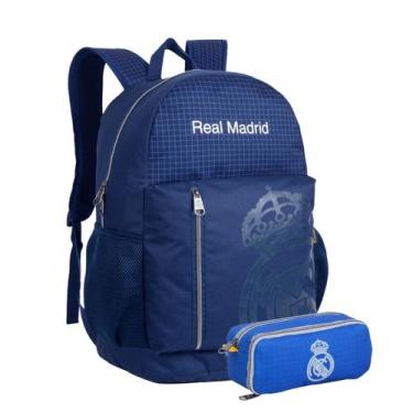 Imagem de Kit Mochila Real Madrid Costas Esportiva Escolar Estojo, Azul