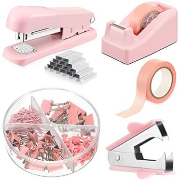 Imagem de Conjunto de materiais de escritório rosa kit de acessórios de mesa inclui grampeador, grampos, removedor de grampos, dispensador de fita, 22 clipes de fichário, 30 clipes de papel, 20 pinos de pressão, 2 rolos de fita, acessórios de mesa bonitos para mulheres