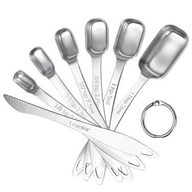 Imagem de U-Taste Colheres medidoras quadradas estreitas: colher de chá de aço inoxidável 18/8 com nivelador, colher de sopa de metal retangular de polígono para assar, cozinhar, café, tempero, pó (conjunto de