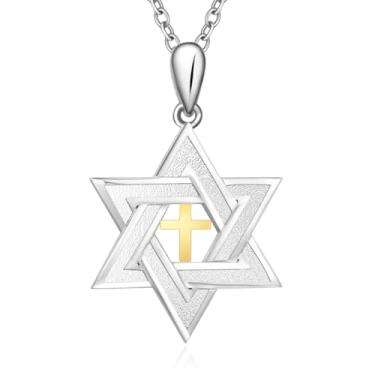 Imagem de UYBNRK Colar de estrela de Davi para mulheres, colar de cruz de ouro para homens, colar de estrela judaica, presentes judeus, pingente de estrela de Davi, colares de cruz de prata para homens,