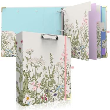 Imagem de Fichário de 3 anéis, fichário redondo de 5 cm com 6 divisórias de abas, 2 bolsos internos, prancheta fofa com armazenamento, organizador de pastas para escritório, portfólio (flores de jardim)
