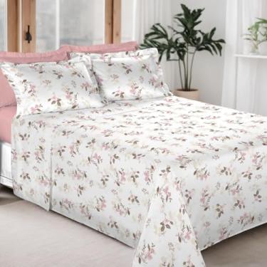 Imagem de Jogo de Cama 100% Algodão 300 Fios Percal Lençol Antiácaro Respirável Toque Macio, 4 Peças - Bem Lunar (Rosa Floral, Solteiro)