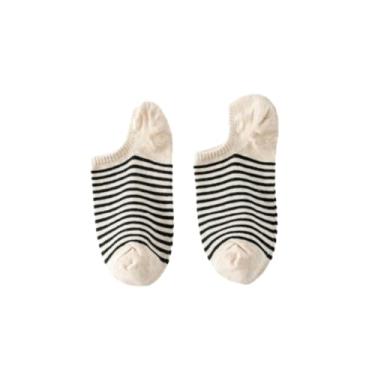 Imagem de chanstore 3 pares - Meias femininas de algodão puro primavera e outono boca rasa invisível verão fino todo algodão antiderrapante listrado meias curtas - cartão raso