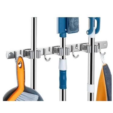 Imagem de Suporte de Pendurar Vassoura, Organizador de Parede para Mop, Rodo, 7 Acessórios, Aço Inoxidável 304