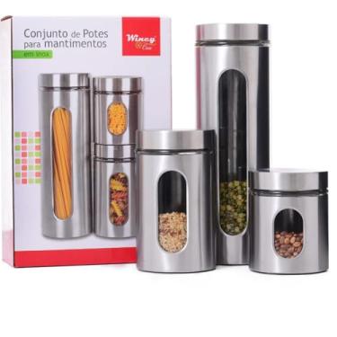 Imagem de Conjunto de Potes para Mantimentos em Inox, 3 Peças, com Tampa de Rosca e Visor