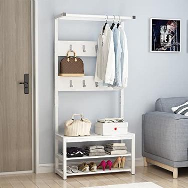 Imagem de Cabide de cabide de metal requintado com banco de sapatos, suporte de cabide de metal com banco de sapatos, suporte de casaco de 100 x 30 x 172 cm com sapateira de 2 camadas e 10 ganchos, entrada 3 em