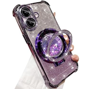 Imagem de Changjia Capa com suporte líquido com glitter para iPhone 16, linda capa de telefone de luxo brilhante com protetor de câmera com anel fluido, revestimento de TPU (poliuretano termoplástico), à prova