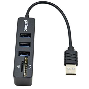 Imagem de Adaptador USB HUB 2.0 de 3 Portas com Leitor de Cartão TF/SD - Preto