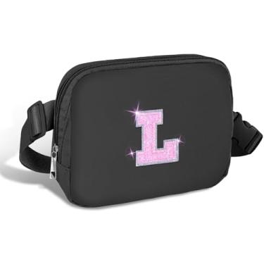 Imagem de COSHAYSOO Pochete de cintura pequena com faixa ajustável com inicial de letra remendo alça ajustável para mulheres adolescentes correndo viajando academia caminhadas, mini bolsa transversal de viagem transversal transversal bolsa moderna, Preto, Small, L