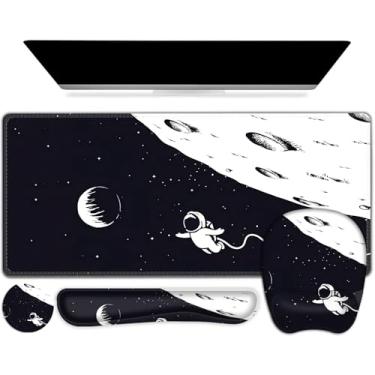 Imagem de Tapete de mouse grande, conjunto de descanso de pulso de teclado, mouse pad ergonômico com suporte de pulso, tapete de mesa com bordas costuradas + porta-copos, tapete de mesa estendido à prova d'água