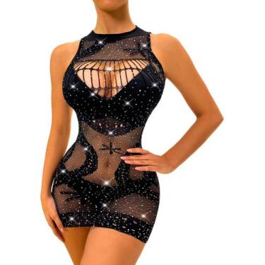 Imagem de Lingerie Sexy Mini Vestido Arrastão C/ Strass Sensual Luxo - Vbrante