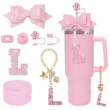 Imagem de Coiris Conjunto de 8 peças de acessórios para copos Stanley com pingente de laço rosa para copos de 1,134 g e 850 g Conjunto de acessórios para copos Stanley rosa choque (TZ0001-Rosa G)