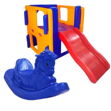 Imagem de Escorregador com Casinha PlayJunior Casinha Infantil Com Escorregador-Brinquedos Playground Meninos e Meninas + Gangorra Cavalinho playground crianças