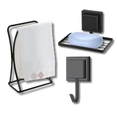 Imagem de Kit Acessórios Metais para Banheiro 3 Peças, Porta Toalha de rosto de Parede, porta toalha de Rosto para Lavabo e saboneteira