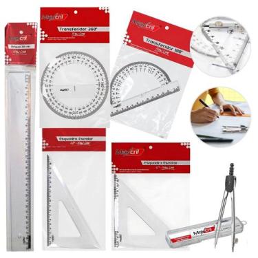 Imagem de Kit 6 peças Escolar Transferidor Esquadro Compasso Régua Matemática Ge