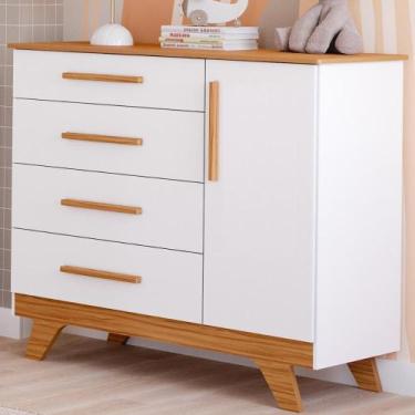Imagem de Cômoda Infantil Retro 1 Porta Lisa 4 Gavetas MDF Faura, Amendoa/Branco