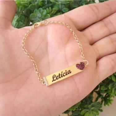 Imagem de Pulseira Chapinha Infantil Coração Cravejado Em Banho De Ouro