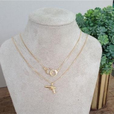 Imagem de Gargantilha Dupla Algema E Revolver Cravejado Banhada A Ouro 18k