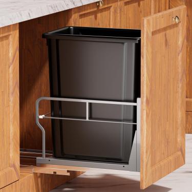 Imagem de Lixeira de puxar embaixo do armário com lata de lixo de 7 litros, lixeira sob a pia com escorregadores de fechamento suave, kit de retirada de lata de lixo de armário com kit de montagem de porta para