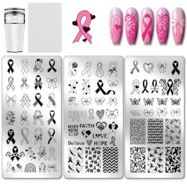 Imagem de PH PandaHall 3 peças placa de carimbo de unha fita rosa laço padrão impressão arte modelo de aço inoxidável placa de imagem de unha com carimbo e raspagem para câncer de mama mulheres impressão 12 x