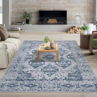 Imagem de GarveeHome Tapete vintage de 1,5 m x 18 m, medalhão irregular, ultrafino, antiderrapante, estampa floral, tapete interno para sala de estar, sala de jantar, quarto, casa de fazenda, azul