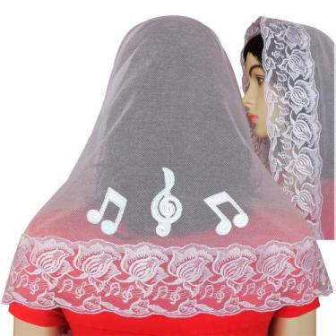 Imagem de Véu Ccb Renda Tule Notas Musicais (aplicação) - Portal do Véu, Branco,