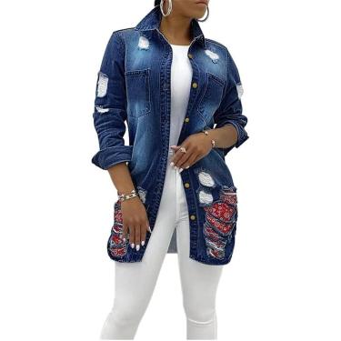 Imagem de Jaqueta Jeans Longa Clássica Feminina Plus Size Solta Manga Comprida Botão Para Baixo Jaqueta Jeans, 3 Dark Blue, S