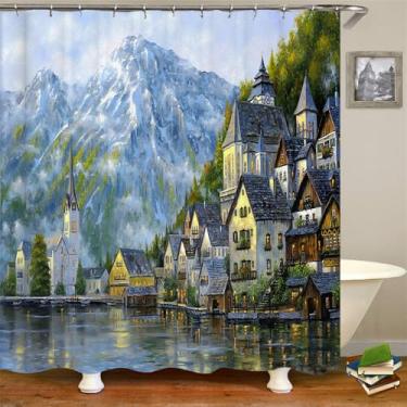 Imagem de Cortina de chuveiro de banheiro com impressão de paisagem de cidade rural, cortina de poliéster com pintura de cenário, decoração para casa, DM3876, L90 x A180 cm