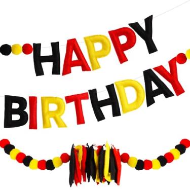 Imagem de Vuzvuv Guirlanda de feliz aniversário de feltro pré-amarrada com bolas de pompom, decorações de banner de feliz aniversário feitas à mão para decoração de aniversário, decoração de festa (preto