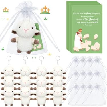 Imagem de HyDren Conjunto de 12 chaveiros de pelúcia de Páscoa, presentes de 12 cm, lindos cartões de oração de animais de pelúcia com sacos de organza para batismo, presentes de Jesus, lembrancinhas de festa