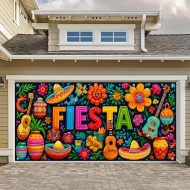 Imagem de HOMETITUTE Faixa de porta de garagem Fiesta colorida FIESTA Letras Sombrero Guitarra Flores Cinco de Mayo Festa Mexicana Fundo Decoração de Fundo Interior Exterior Exibição de Parede
